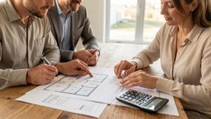Un couple et une conseillère étudient des plans de maison et un budget immobilier sur une table dans un bureau moderne, avec une calculatrice à côté des documents.