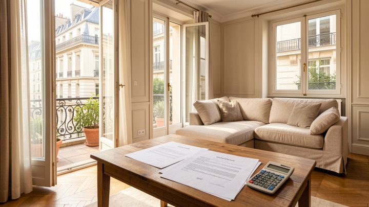 Appartement parisien lumineux avec une grande terrasse privative et une table contenant des documents vierges et une calculatrice.