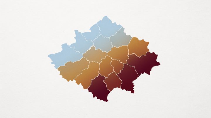 Carte éditoriale sobre de l’Île-de-France représentant les communes par un dégradé de couleurs associé aux prix immobiliers au mètre carré.