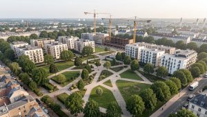 Vue aérienne réaliste d’une ancienne friche gazière urbaine en transformation, avec des logements neufs, des grues, des espaces verts et des structures industrielles préservées dans une ville française.