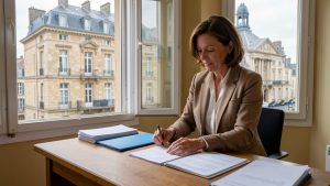 Une propriétaire française prépare un dossier administratif vierge à son bureau, avec un ancien immeuble locatif et une mairie historique visibles en arrière-plan.
