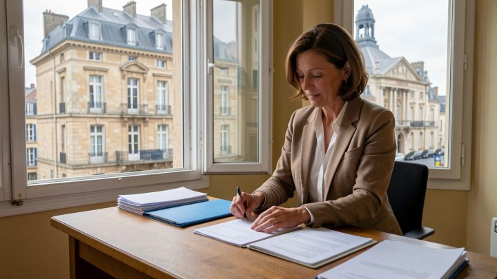 Une propriétaire française prépare un dossier administratif vierge à son bureau, avec un ancien immeuble locatif et une mairie historique visibles en arrière-plan.
