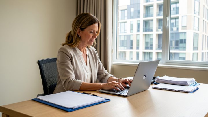 Propriétaire consultant un ordinateur avec un dossier administratif vierge, devant un immeuble urbain contemporain.