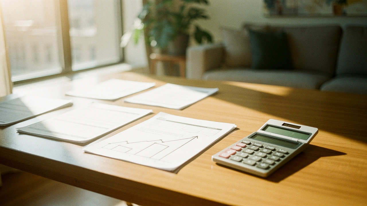 Appartement meublé lumineux avec une table contenant des documents vierges, une calculatrice et un graphique abstrait illustrant la rentabilité locative.