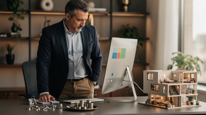Un homme d’âge mûr examine un tableau abstrait d’analyse immobilière avec des graphiques colorés, des clés, des pièces et la maquette d’un appartement meublé dans un bureau lumineux.