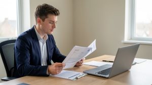 Jeune homme comparant des documents de crédit bancaire et d’investissement immobilier devant un ordinateur dans un bureau sobre.