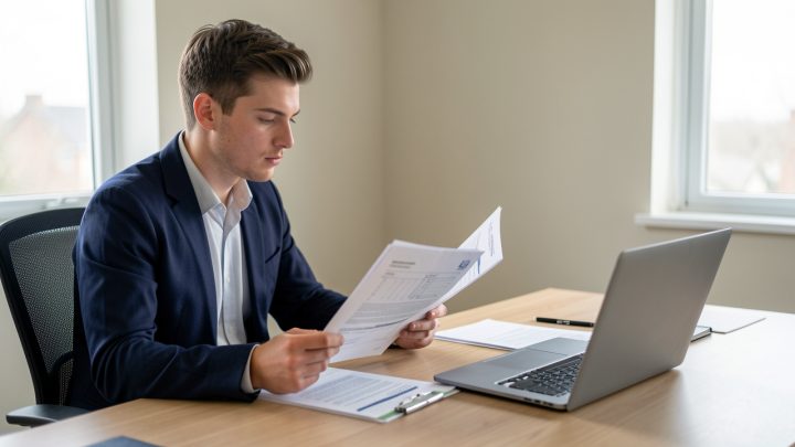 Jeune homme comparant des documents de crédit bancaire et d’investissement immobilier devant un ordinateur dans un bureau sobre.