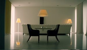 Luminaire intérieur installé au plafond d’un salon moderne, éclairant chaleureusement l’espace de vie.