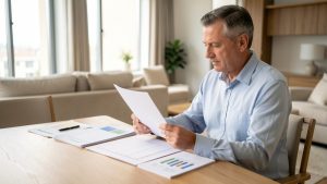 Propriétaire examinant des documents de location meublée et un tableau fiscal abstrait dans un appartement lumineux.