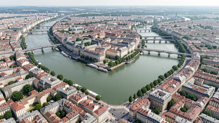 Vue aérienne réaliste de Lyon montrant la Presqu’île entre le Rhône et la Saône, les quais, les ponts et des zones colorées indiquant subtilement les variations de prix immobiliers.