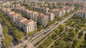 Vue aérienne réaliste d’une ville d’Occitanie avec des immeubles résidentiels, un tramway moderne et de nombreux espaces verts.