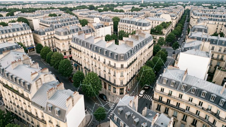 Vue aérienne réaliste d’une ville française aux immeubles anciens, avec des éléments immobiliers discrets superposés.