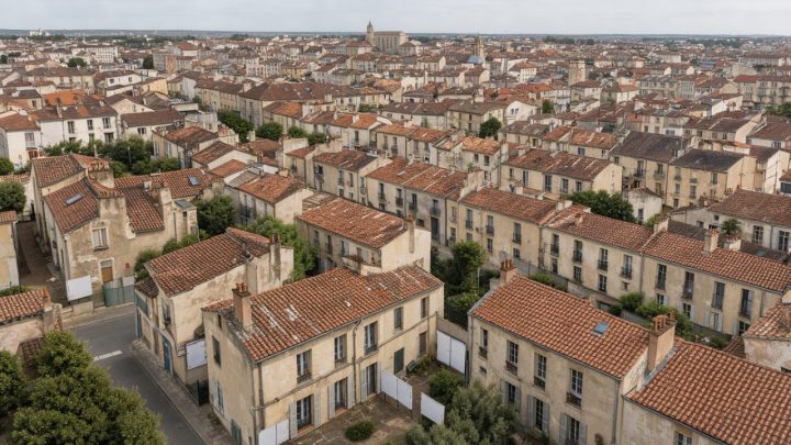 Vue aérienne réaliste d’une ville française moyenne avec maisons anciennes, panneaux immobiliers vierges et centre-ville visible en arrière-plan.